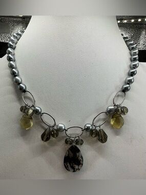 COOKIE LEE SILVER TONE BLACK GREY GEM FAUX PEARL DROP NECKLACE